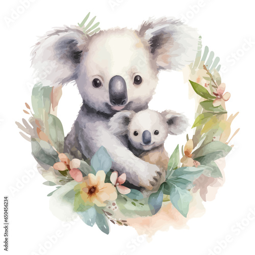 Cute mother koala and her child cartoon in watercolor painting style photo