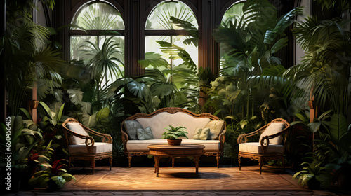 Tropical Living Room with Green Plants and Leafy Patterns