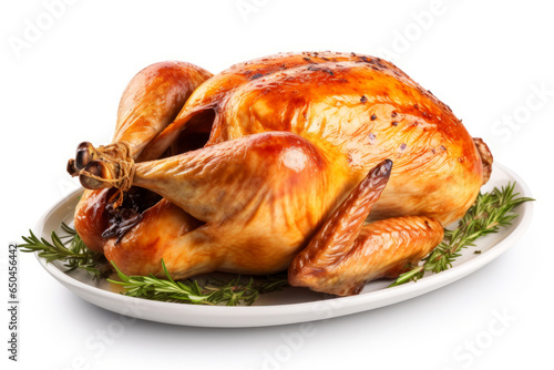 Baked chicken with golden crust on a plate with rosemary isolated on white background.generative ai 