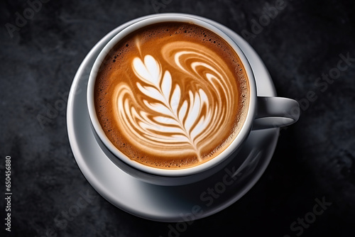 Latte art or white cup of coffee with a drawing of a flower on the foam on a beautiful dark background with space for text or inscriptions, top view.generative ai 