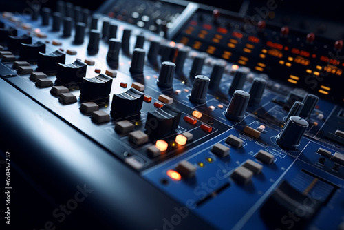 close up shot detail sound mixer control panel button in natural light. DJ or studio sound mixer recorded close up view.generative ai 