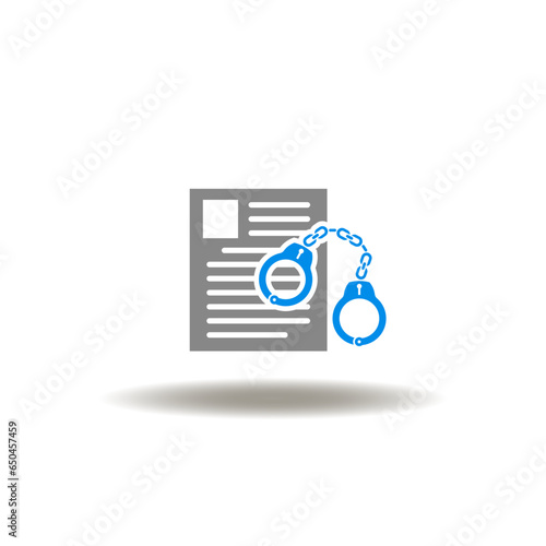 Vector illustration of document list with handcuffs. Icon of criminal record. Symbol of employee check of illegal past.