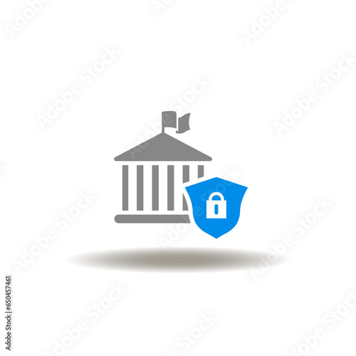 Vector illustration of building of court or bank or government with shield and lock. Symbol of KYC Know Your Customer. Icon of protected of banking client.