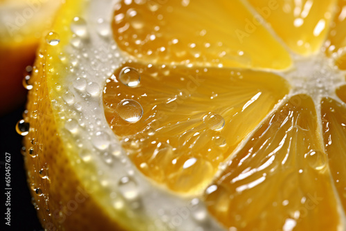 Close-up of lemon slice with bubbles macro shot