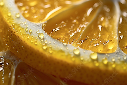 Close-up of lemon slice with bubbles macro shot