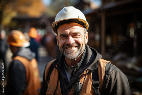 Builder in helmet smiling while standing at construction site