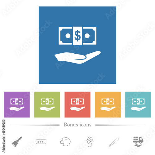 Palm and dollar banknote flat white icons in square backgrounds
