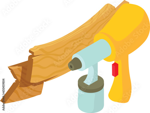 Painting equipment icon isometric vector. New yellow spray gun and wooden sign. Industrial painting, repair work
