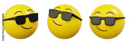3d Emoticon or Smiley smirking cool with sunglasses yellow ball emoji