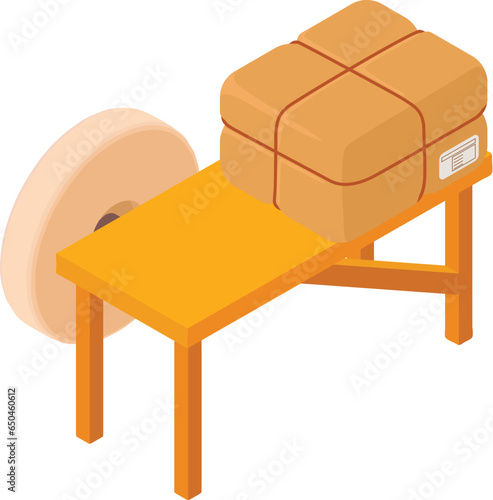 Workshop equipment icon isometric vector. Round grindstone and postal parcel. Equipment, spare part, delivery photo