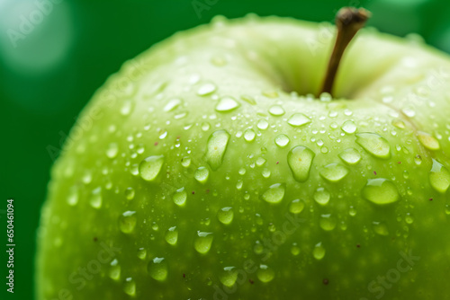 Green apple with water drops on green background