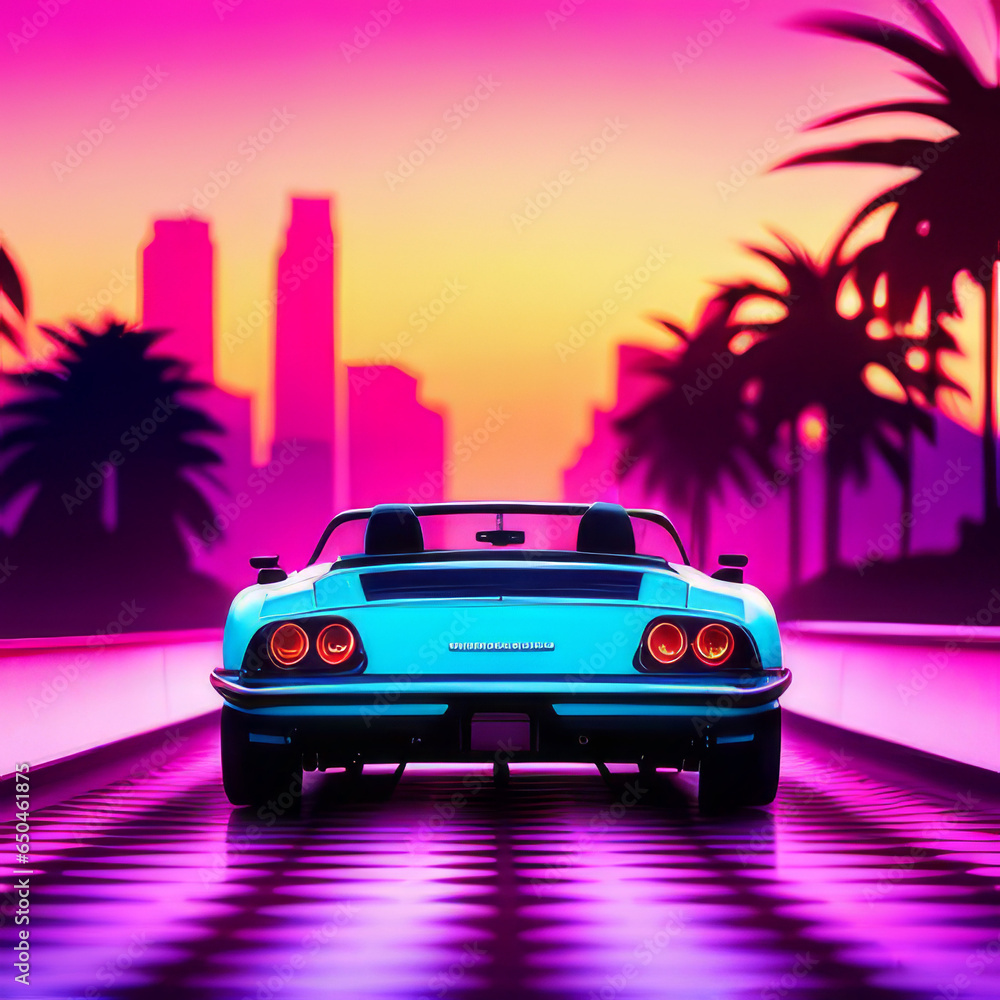 Poster in the style of the 80s. Retro style, cyberpunk, neon, futuristic, sports car, metropolis, night city, landscape, beach, game, palm trees, bright design. Creative concept. vector illustration