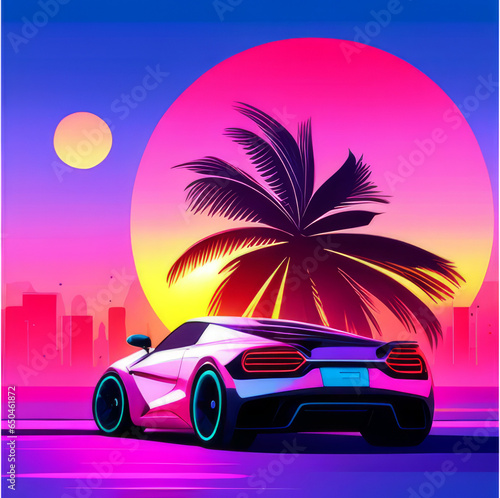 Poster in the style of the 80s. Retro style, cyberpunk, neon, futuristic, sports car, metropolis, night city, landscape, beach, game, palm trees, bright design. Creative concept. vector illustration