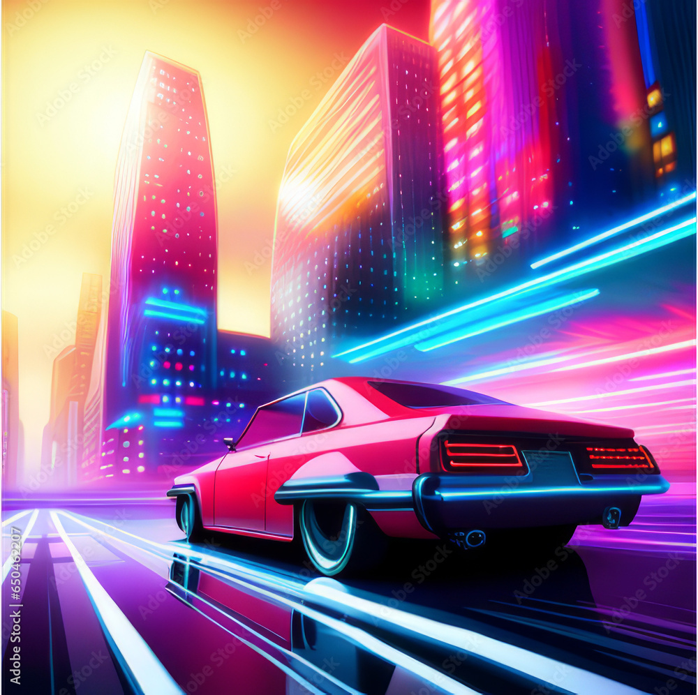 Poster in the style of the 80s. Retro style, cyberpunk, neon, futuristic, sports car, metropolis, night city, landscape, beach, game, palm trees, bright design. Creative concept. vector illustration Poster in the style of the 80s. Retro style, cyberpunk, neon, futuristic, sports car, metropolis, night city, landscape, beach, game, palm trees, bright design. Creative concept. vector illustration