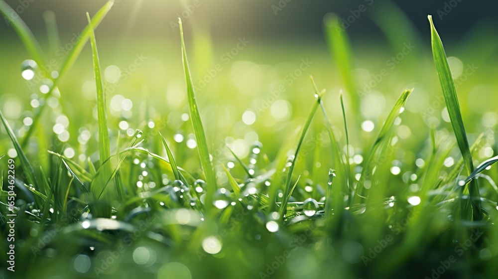 Juicy green grass on meadow with drops of water close-up macro panorama background. Juicy green grass on meadow with drops of water close-up macro panorama background.