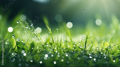 Juicy green grass on meadow with drops of water close-up macro panorama background.
