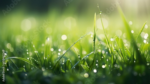 Juicy green grass on meadow with drops of water close-up macro panorama background.