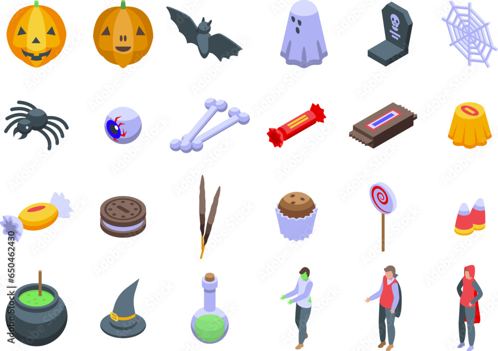 Trick-or-treat icons set isometric vector. Happy party. Treat costume Trick-or-treat icons set isometric vector. Happy party. Treat costume