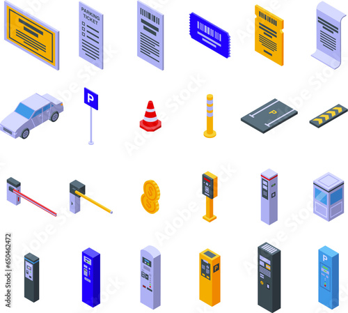 Parking ticket icons set isometric vector. Park car. Lot pay machine