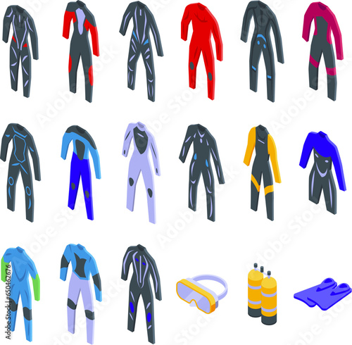 Wetsuit icons set isometric vector. Water beach. Travel sport