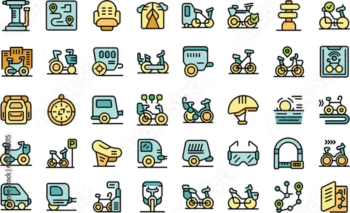 Bike trailer icons set outline vector. Cargo cycle. Life ride thin line color flat on white isolated