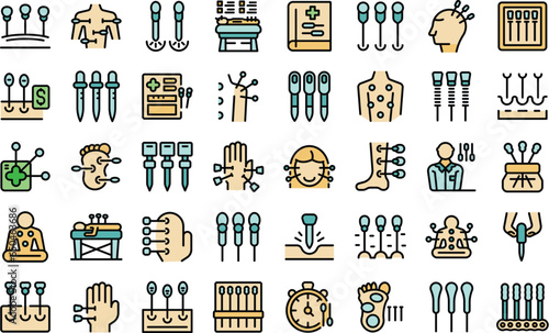 Acupuncture icons set outline vector. Meridian body. Live point thin line color flat on white isolated