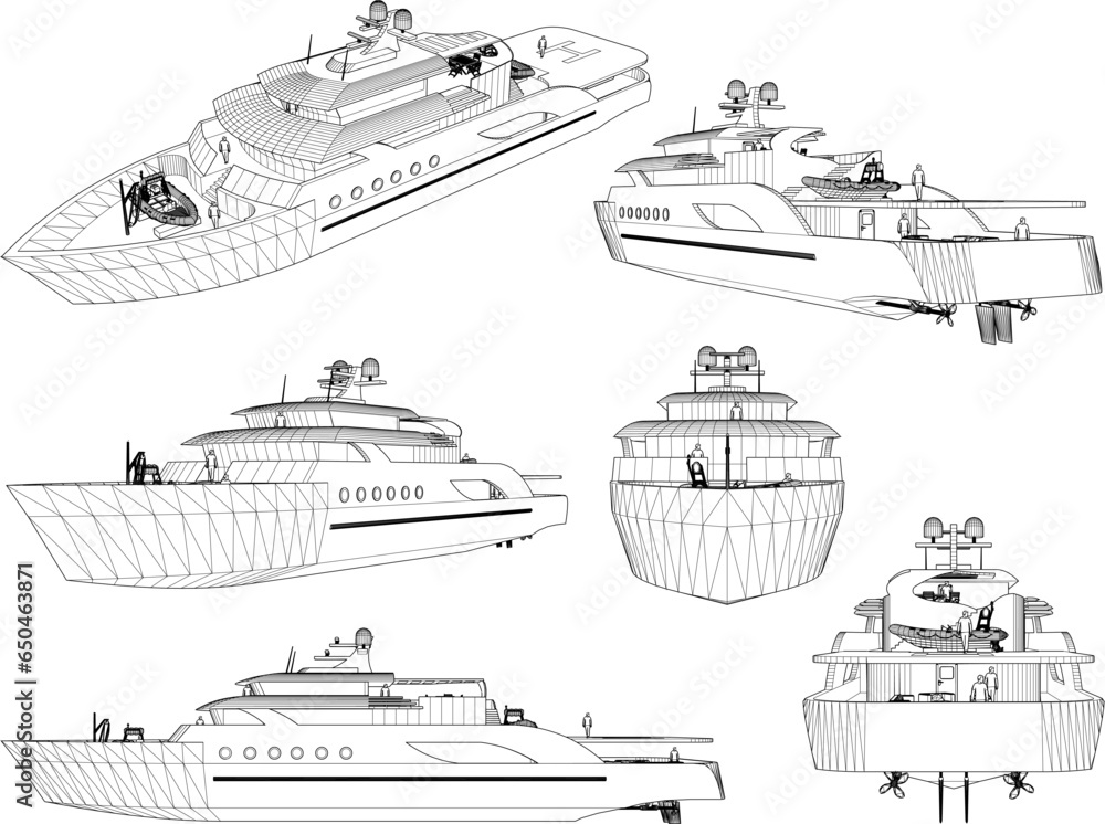 Vector sketch illustration of a modern minimalist cruise ship design with a helipad