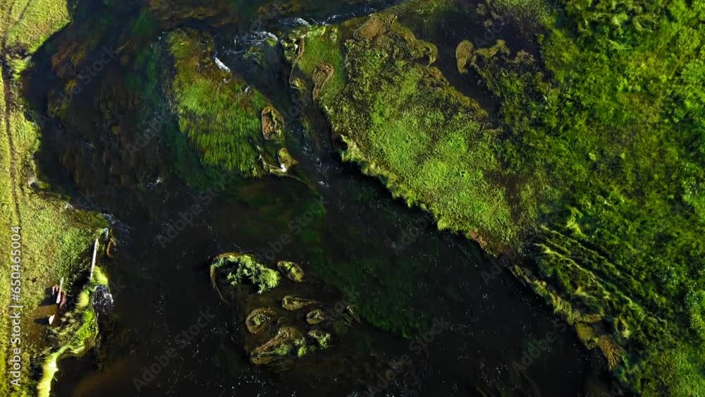 Aerial Top View Shot Of Stream Flowing Amidst Field, Drone Flying Forward Over Landscape - Mammoth Lakes, California Aerial Top View Shot Of Stream Flowing Amidst Field, Drone Flying Forward Over Landscape - Mammoth Lakes, California