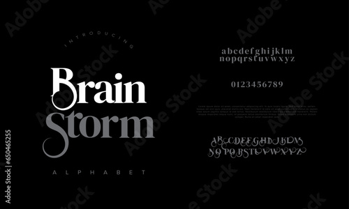 Brainstorm premium luxury elegant alphabet letters and numbers. Elegant wedding typography classic serif font decorative vintage retro. Creative vector illustration