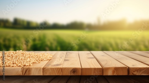 Empty wooden table top with blurred farm and daylight background.