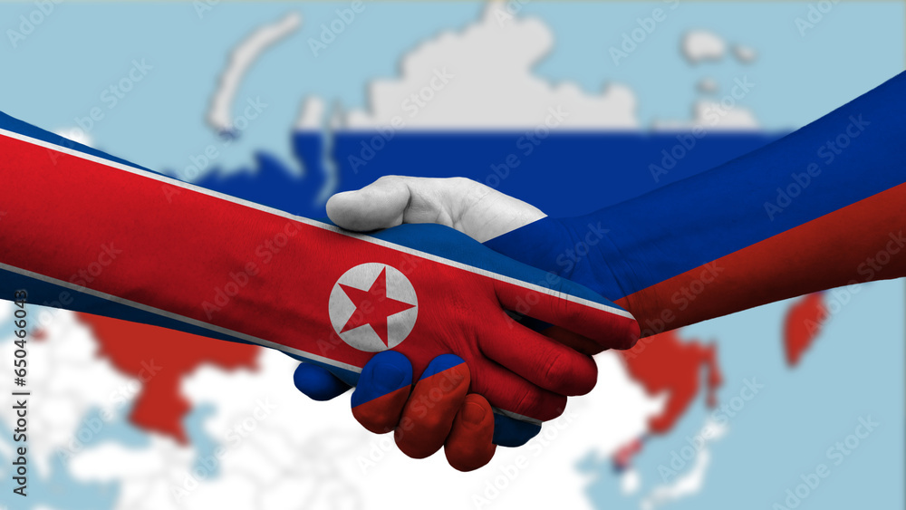 Russia and the Democratic People's Republic of Korea DPRK, North Korea, reach a new trade and military agreement - obrazy, fototapety, plakaty 