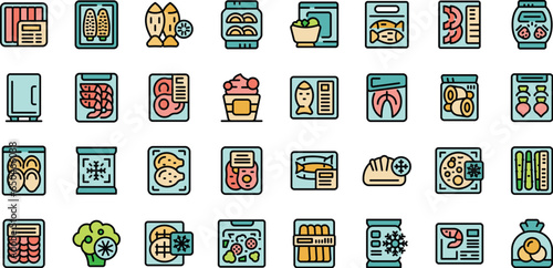 Frozen food icons set outline vector. Bag meat. Product plastic thin line color flat on white isolated