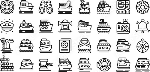 Travel by ship icons set outline vector. Sea boat. Ferry cruise