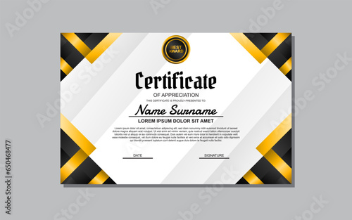 A certificate template featuring an elegant gold and black design. Suitable for creating professional certificates for awards, achievements, and recognition in various industries.