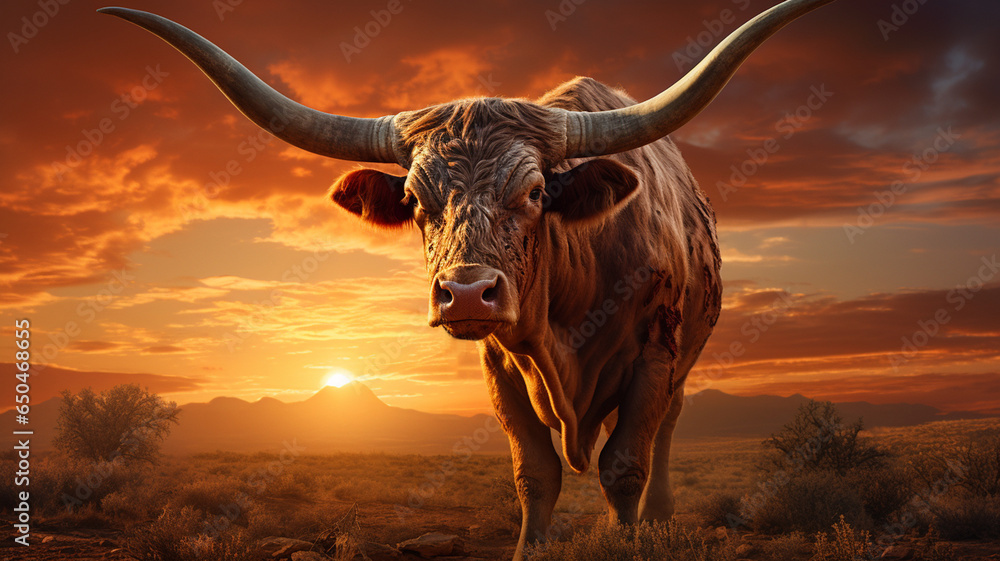 Texas longhorn steer at sunset abstract painting	
