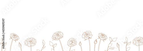 薔薇の花の線画イラスト。薔薇の線画ベクター手描きイラスト。白背景植物イラスト。Line drawing illustration of rose flower. Line drawing vector hand-drawn illustration of rose. White background plant illustration.