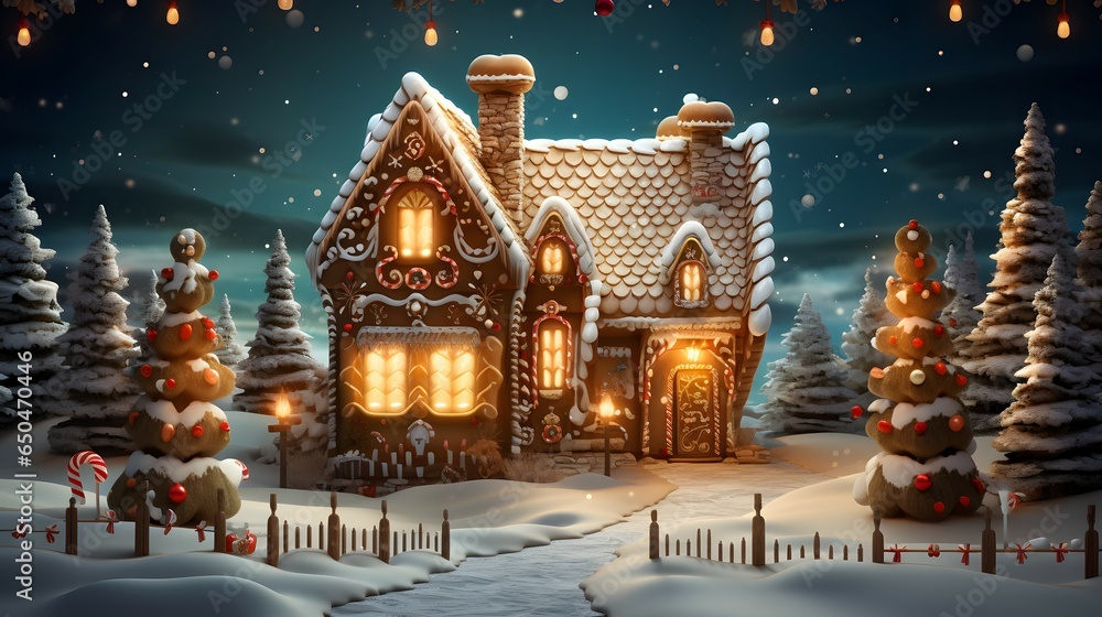 christmas background with candy gingerbread house