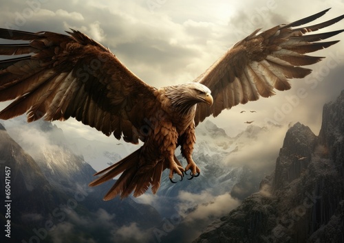 A large bird flying over a mountain range. Generative AI.