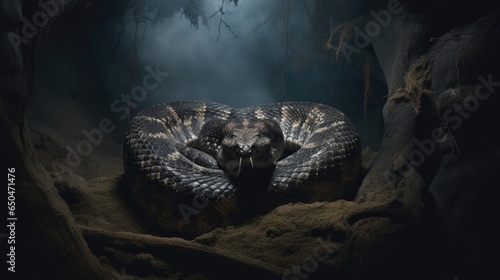 A large snake curled up in a cave. Generative AI. photo
