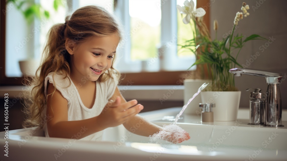Cute little girl Ru and her mother are washing their hands from infection and virus. White daylight wide angle lens Cute little girl Ru and her mother are washing their hands from infection and virus. White daylight wide angle lens