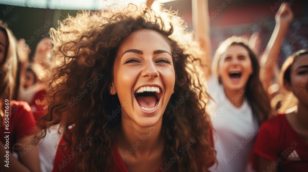 A cheerful female soccer team celebrates victory and carries on with teammates shouting with joy in the stadium. A cheerful female soccer team celebrates victory and carries on with teammates shouting with joy in the stadium.