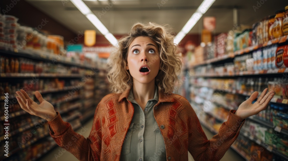 Shocked woman looks at grocery prices in disbelief while shopping in supermarket