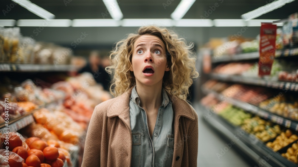 Shocked woman looks at grocery prices in disbelief while shopping in supermarket