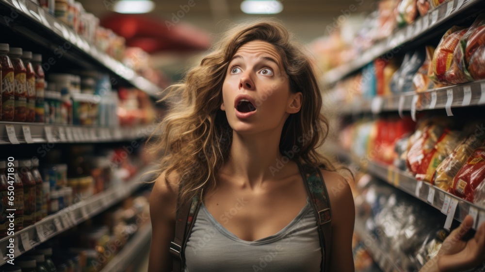 Shocked woman looks at grocery prices in disbelief while shopping in supermarket