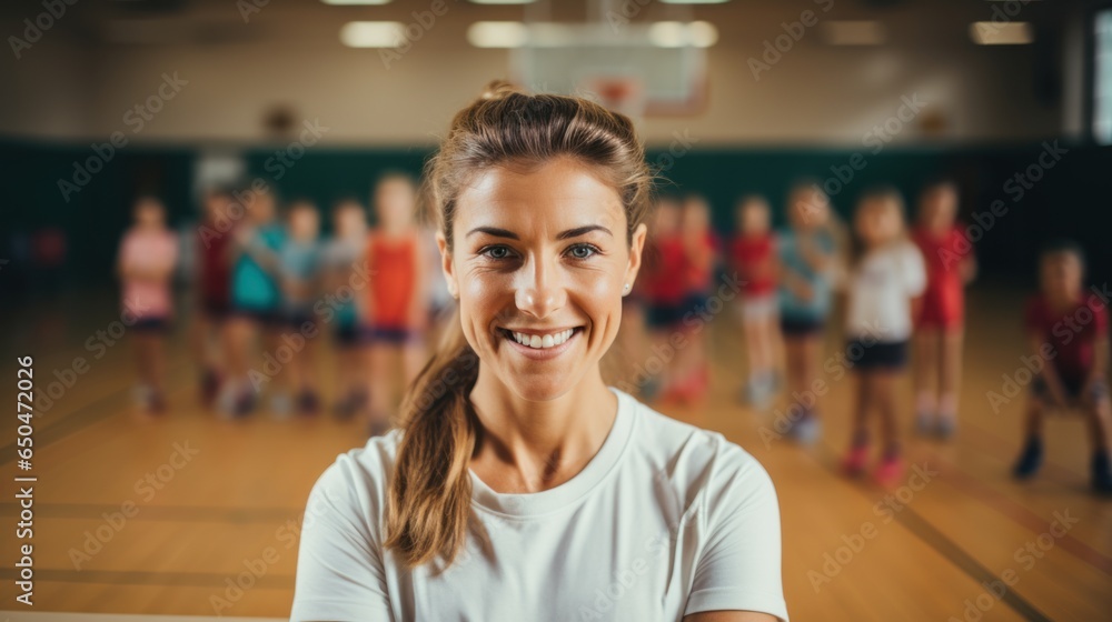 A happy young female coach looks at the camera while learning physical education with elementary school students at the gym. A happy young female coach looks at the camera while learning physical education with elementary school students at the gym.