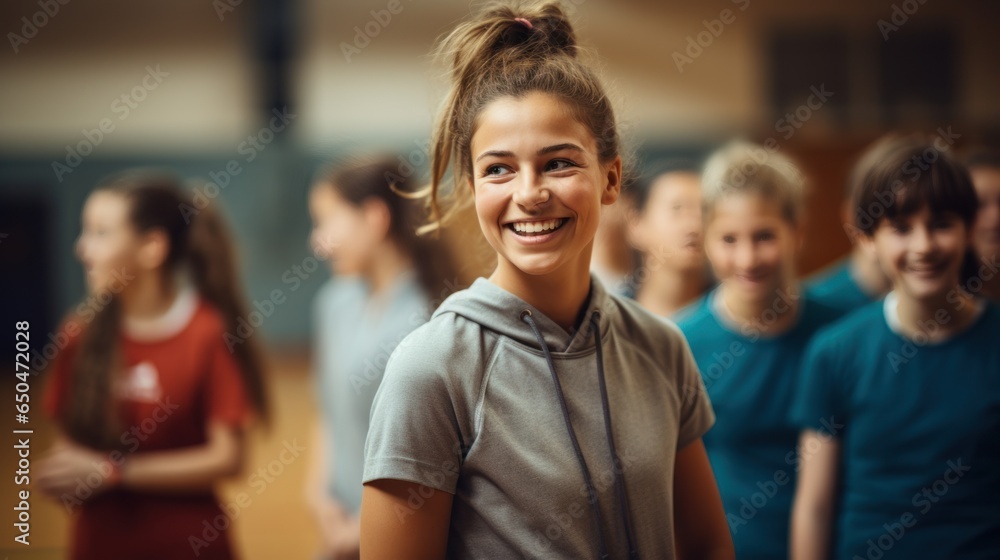 A happy young female coach looks at the camera while learning physical education with elementary school students at the gym. - obrazy, fototapety, plakaty 