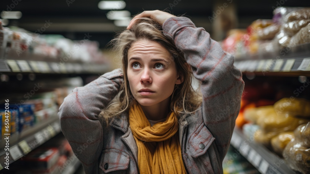 A young woman is shopping in the supermarket and is worried about the rising food prices.