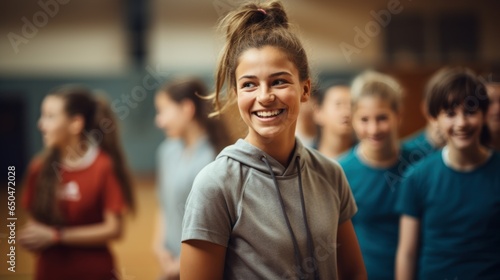 A happy young female coach looks at the camera while learning physical education with elementary school students at the gym.