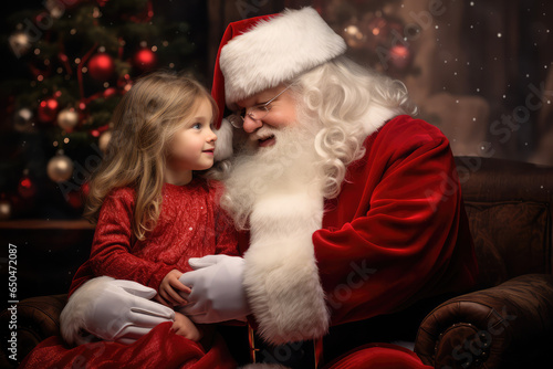 child sitting on the lap of Santa Claus around Christmas tree