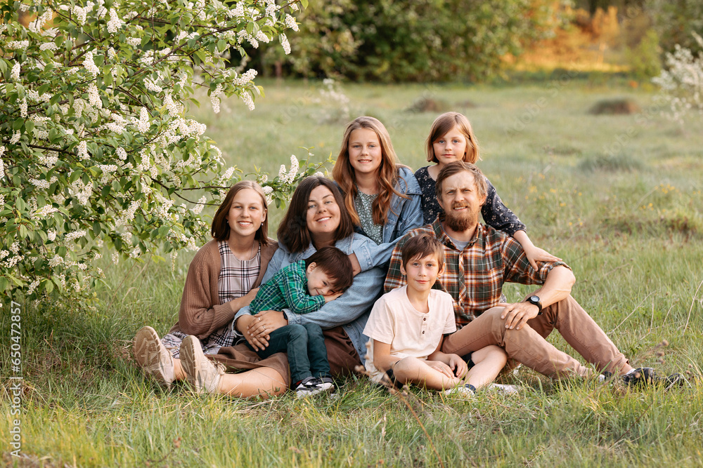 Fototapeta premium A heterogeneous family of seven, parents, three sisters and two brothers, sit on a sunlit field on a summer day. The concept of family unity and outdoor recreation, suitable for family promotions.